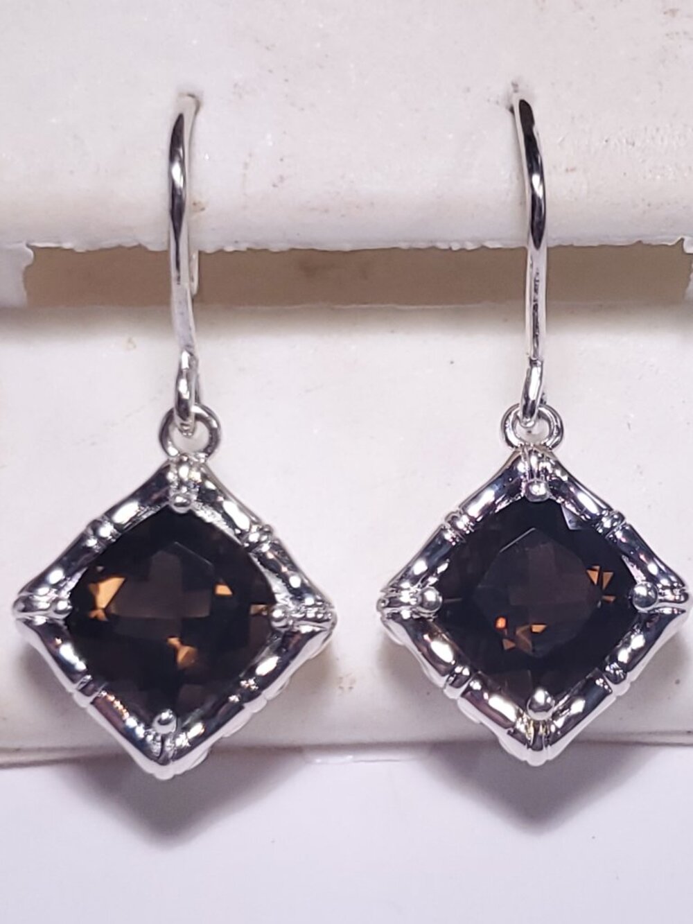 Estate 6ctw Cushion Smokey Topaz Fancy Framed Sterling 925 dangle Earrings#24372